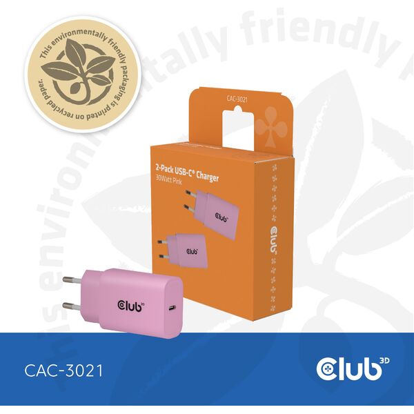 Φορτιστής Club3D Lifestyle USB-C 30Watt, 2 τεμάχια ροζ λιανικής