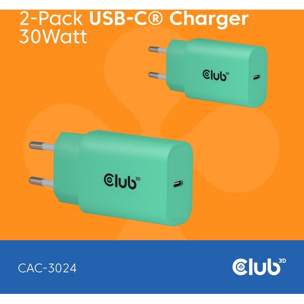 Φορτιστής Club3D Lifestyle USB-C 30Watt, 2 τεμάχια πράσινο λιανικής