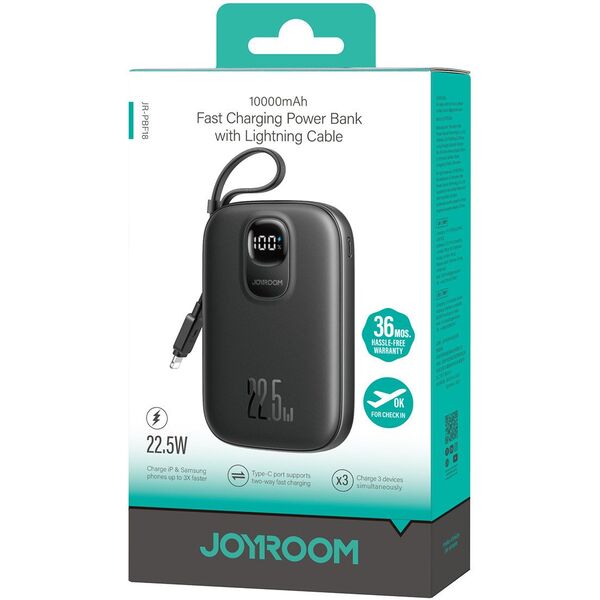 Powerbank Joyroom JR-PBF18 22.5W 10000mAh z wbudowanym kablem Lightning + kabel USB-C 0.25 cm  - czarny