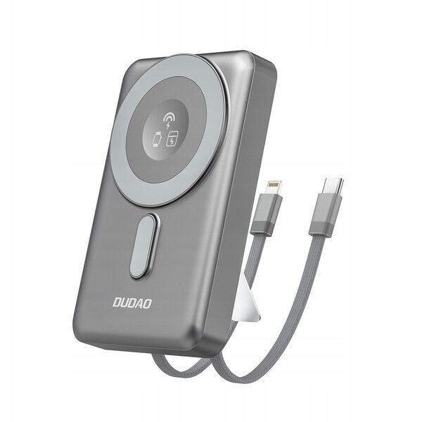 Powerbank Dudao K29 10000mAh PD 20W z MagSafe z metalową obudową, podstawką i wbudowanymi kablami USB-C/Lightning - szary