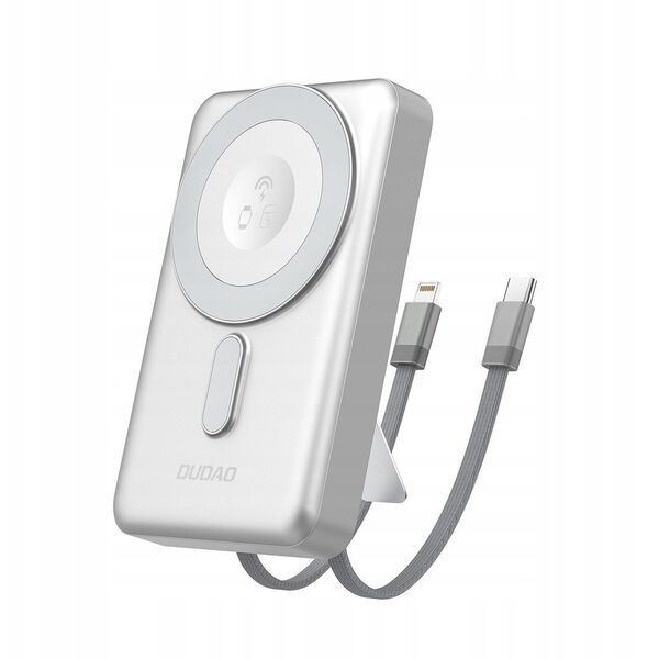 Powerbank Dudao K29 10000mAh PD 20W z MagSafe z metalową obudową, podstawką i wbudowanymi kablami USB-C/Lightning - srebrny