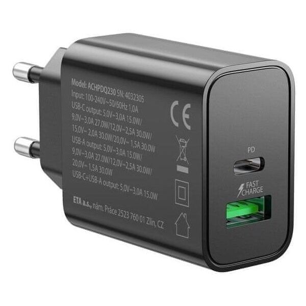 Φορτιστής USB Gogen ACHPDQ230B PD 30W 15V C+A μαύρο