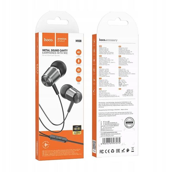 HOCO słuchawki przewodowe Jack 3,5 mm z mikrofonem M108 szare