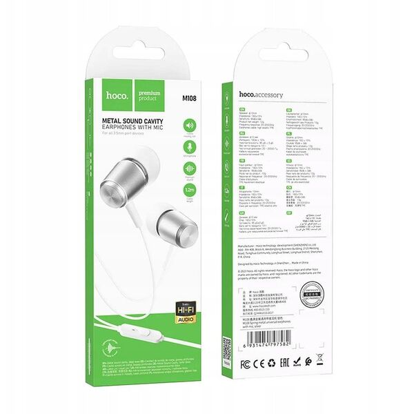 HOCO słuchawki przewodowe Jack 3,5 mm z mikrofonem M108 srebrne