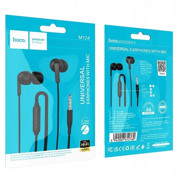 HOCO słuchawki przewodowe Jack 3,5 mm z mikrofonem M124 czarne