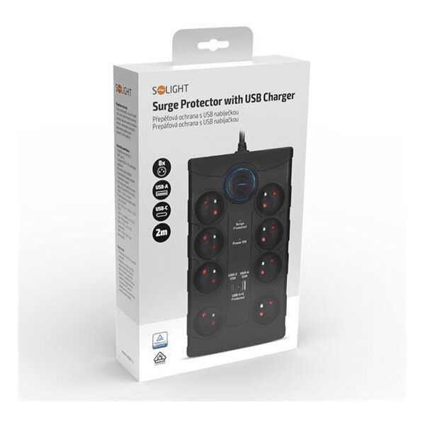 Solight přepěťová ochrana, 8z, USB A+CA, 2m, černá