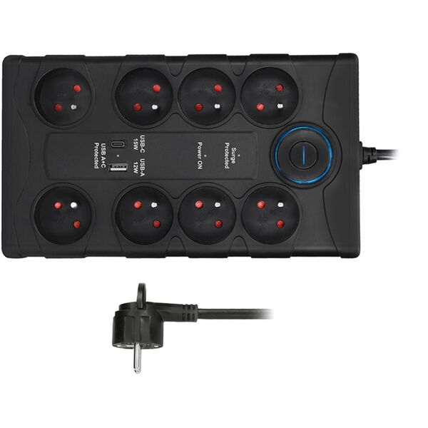 Solight přepěťová ochrana, 8z, USB A+CA, 2m, černá