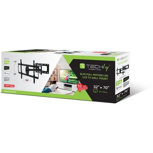 TECHLY Βάση τοίχου για LCD TV 81,28cm έως 177,80cm Φορτίο έως 45Kg Slim Μαύρο Επεκτάσιμος βραχίονας έως 688mm