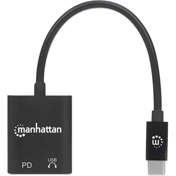 Προσαρμογέας ήχου MANHATTAN USB-C με θύρα φόρτισης Power Delivery USB-C αρσενικό σε θύρα ήχου USB-C και θύρα Power Delivery USB-C μαύρο