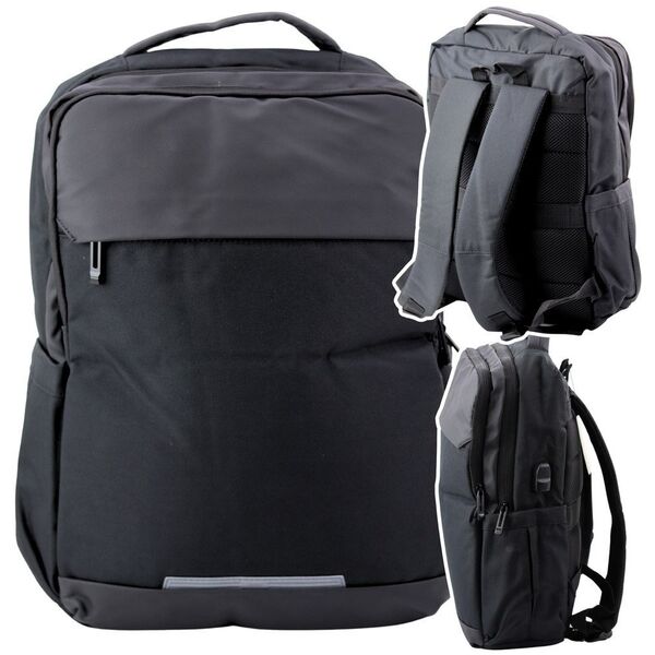 Plecak Miejski Biznesowy USB Kieszeń na Laptopa Czarny 16L 45cm LEAN