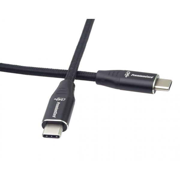 PREMIUMCORD Καλώδιο USB-C M/M, 240W 480Mbps μαύρο βαμβακερό πλέξιμο, 1,5m