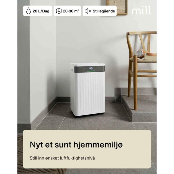 Mill Αφυγραντήρας | MDH20 | Κατάλληλο για δωμάτια έως 20-30 m² | Χωρητικότητα δεξαμενής νερού 4 L | Λευκό