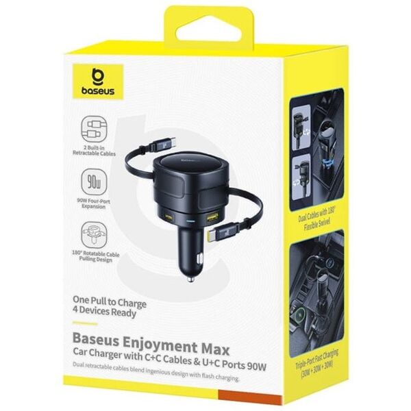 Ładowarka samochodowa Baseus Enjoyment Max z kablami USB-C+USB-C i portami USB-A+USB-C 90W Czarny