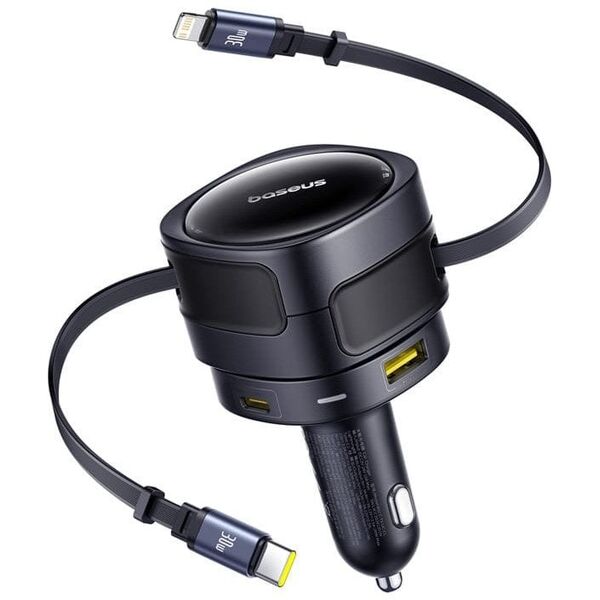 Ładowarka samochodowa Baseus Enjoyment Max z kablami USB-C+Lightning i portami USB-A+USB-C 90W Czarny