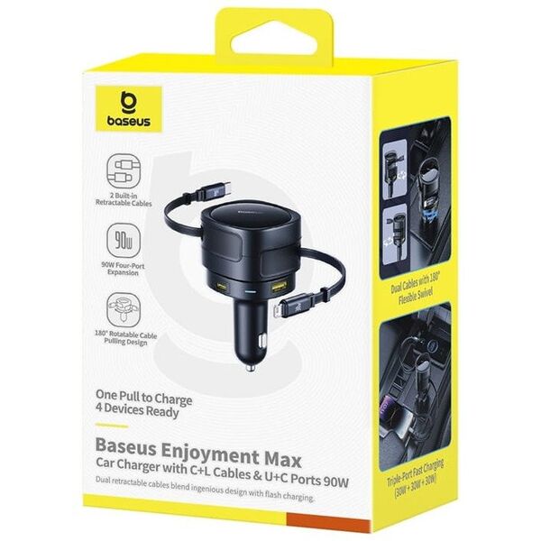 Ładowarka samochodowa Baseus Enjoyment Max z kablami USB-C+Lightning i portami USB-A+USB-C 90W Czarny