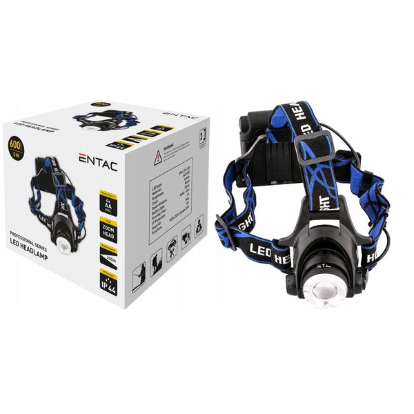 Φακός κεφαλής ENTAC, 5W, 4AA, Alu, 600 lm, εστίαση, μαύρο