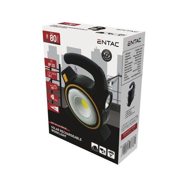 φακός LED ENTAC, IP20, 1W + ηλιακό LED, 80 lm, επαναφορτιζόμενος μέσω USB, 4.5 x 12.7 x 17 cm