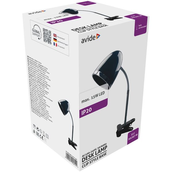 Λάμπα γραφείου με σφιγκτήρα AVIDE, E27, μέγιστο 15 W, μαύρο, 16 x 16 x 33 cm