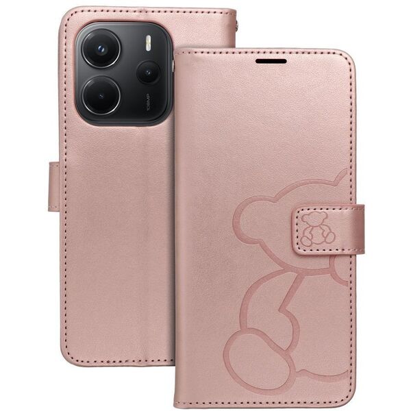 Θήκη βιβλίου MEZZO για XIAOMI Redmi Note 14 4G (GLOBAL - 164,84mm x 78,15mm x 8,16mm) αρκουδάκι χρυσό ροζ