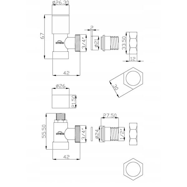 Σετ σύνδεσης καλοριφέρ INVENA CZ-31-K15-S, βαλβίδα παροχής+διακοπής, γωνιακή, λευκή.