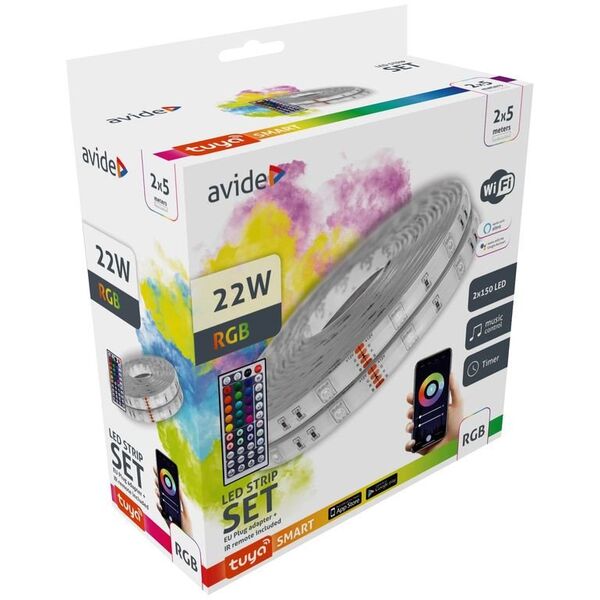 Σετ λωρίδας LED Avide, IP65, 2x150LED, RGB, 22W, 2x5m, ελεγκτής μουσικής, WIFI, με τηλεχειριστήριο, 10m