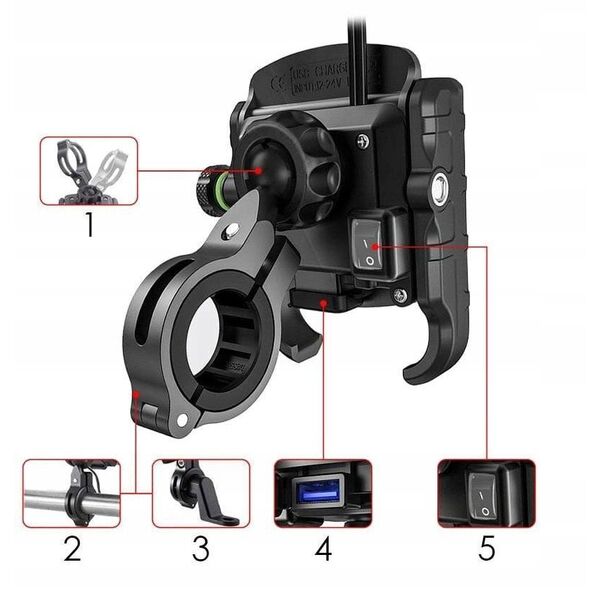 Βάση τηλεφώνου με φορτιστή USB Qiuck Charge 3.0 R9-metal usb qc 3.0 4 RIDE (για τιμόνι 20-30mm, χρώμα μαύρο, Μεταλλικό, τοποθετείται στο τιμόνι ή στη βίδα του καθρέφτη)