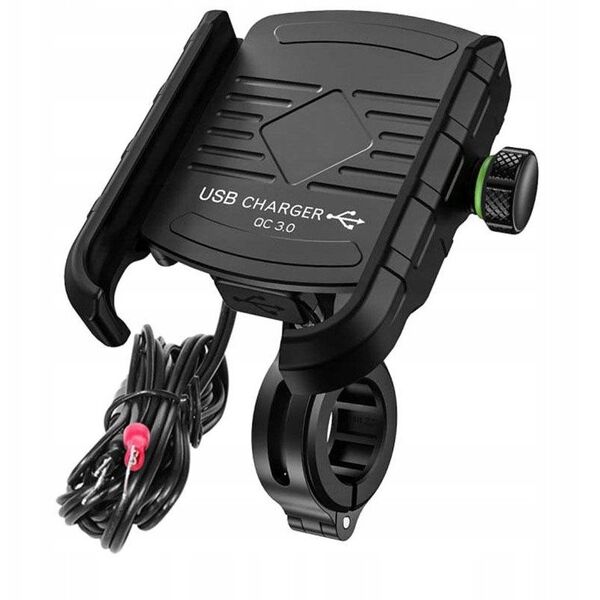Βάση τηλεφώνου με φορτιστή USB Qiuck Charge 3.0 R9-metal usb qc 3.0 4 RIDE (για τιμόνι 20-30mm, χρώμα μαύρο, Μεταλλικό, τοποθετείται στο τιμόνι ή στη βίδα του καθρέφτη)
