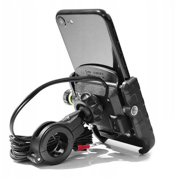 Βάση τηλεφώνου με φορτιστή USB Qiuck Charge 3.0 R9-metal usb qc 3.0 4 RIDE (για τιμόνι 20-30mm, χρώμα μαύρο, Μεταλλικό, τοποθετείται στο τιμόνι ή στη βίδα του καθρέφτη)