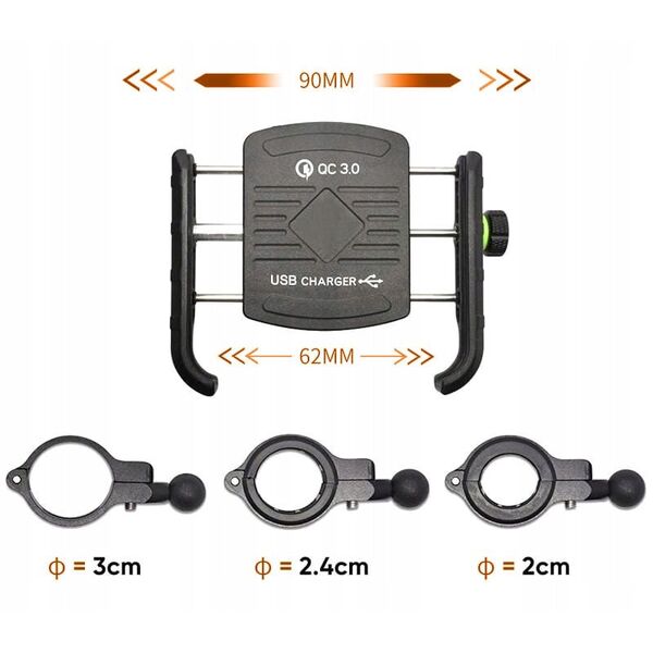 Βάση τηλεφώνου με φορτιστή USB Qiuck Charge 3.0 R9-metal usb qc 3.0 4 RIDE (για τιμόνι 20-30mm, χρώμα μαύρο, Μεταλλικό, τοποθετείται στο τιμόνι ή στη βίδα του καθρέφτη)