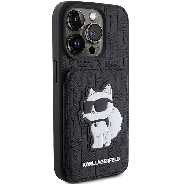 Karl Lagerfeld case for iPhone 15 Pro 6,1" KLHCP15LSAKCNSCK black hardcase Saffiano Cardslots and Stand Monogram Choupette 3666339169619