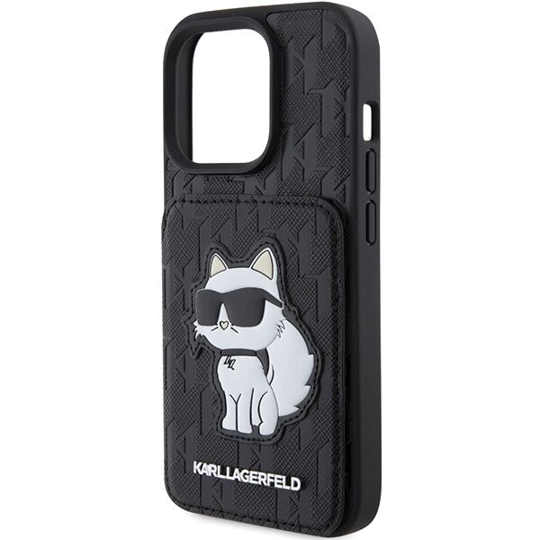 Karl Lagerfeld case for iPhone 15 Pro 6,1" KLHCP15LSAKCNSCK black hardcase Saffiano Cardslots and Stand Monogram Choupette 3666339169619
