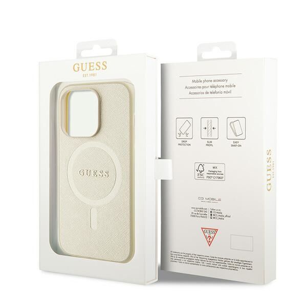 Guess case for iPhone 15 Pro Max 6,7" GUHMP15XPSAHMCB gold hardcase Saffiano MagSafe 3666339156077