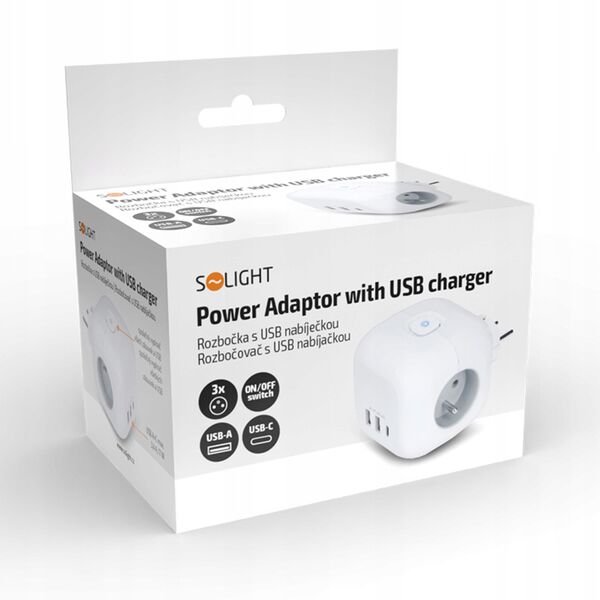 Πολύπριζο κύβος Solight, 3x 16A + USB A+C, λευκό, διακόπτης