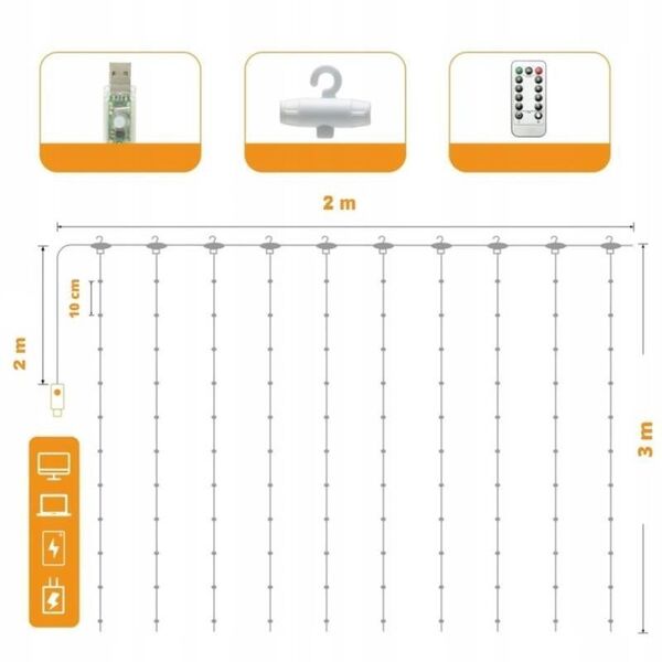 Κουρτίνα LED (100 λαμπάκια LED) 3m x 1m ΘΕΡΜΟ ΛΕΥΚΟ / CIEPŁY BIAŁY