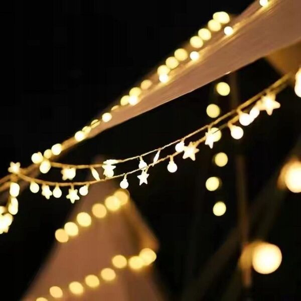 Γιρλάντα 10μ (80 LED λαμπάκια) USB Αστέρια + Μπάλες, ΘΕΡΜΟ ΛΕΥΚΟ