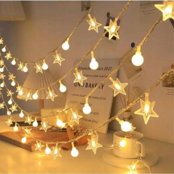Γιρλάντα 6m (40 LED λαμπάκια) USB Αστέρια + Μπάλες, ΘΕΡΜΟ ΛΕΥΚΟ