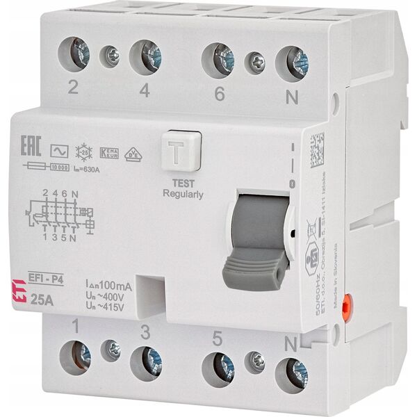 Διακόπτης διαρροής Etipo Polam EFI-P4 002061621 3P+N 25A AC 0,1mA 10kA