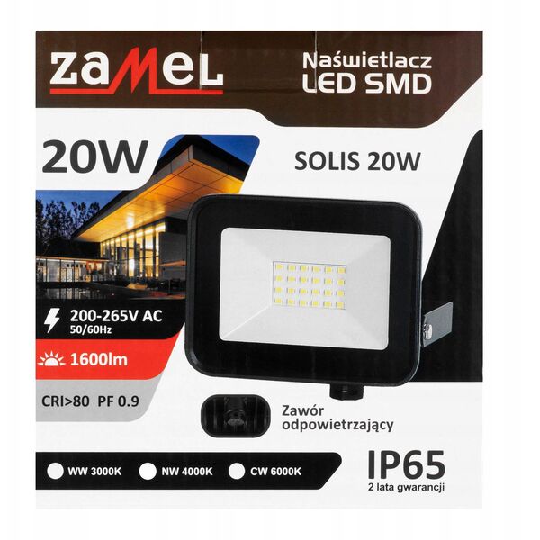 Προβολέας Zamel Solis LNS10000004 20W 230V IP65 θερμό λευκό NAS-20WW μαύρο