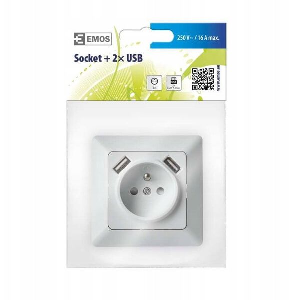 Πρίζα FRENCH Emos A6000.0 με USB 2,1A max. IP20 γυαλιστερό λευκό