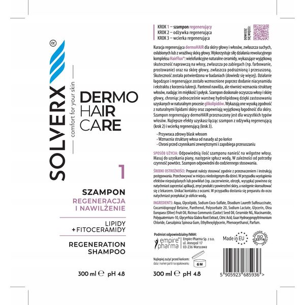 SOLVERX Dermo Hair Σαμπουάν για τα μαλλιά Αναγέννηση και ενυδάτωση 250 ml