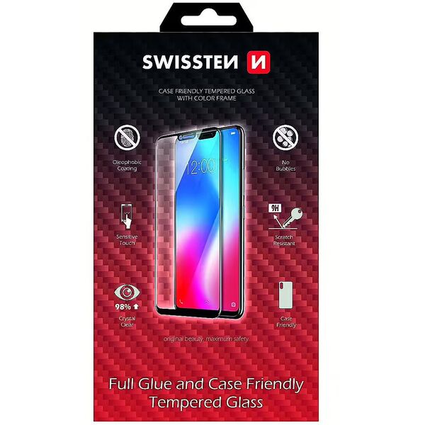 Tempered glass προστασίας Swissten, για Apple iPhone XR, μαύρο, φιλικό προς τη θήκη και με χρωματιστό πλαίσιο