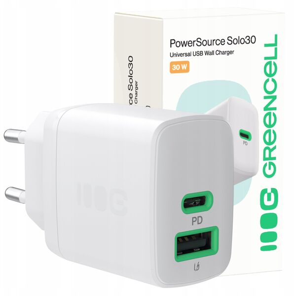 Φορτιστής τοίχου Greencell PowerSource Duo30 Λευκός 30W USB-C USB-A Power Delivery QC3.0- 1x USB-C, 1x USB-A