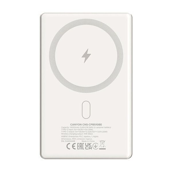 CANYON Powerbank OnPower 510 slim Magsafe 10000 mAh PD20W Μπεζ