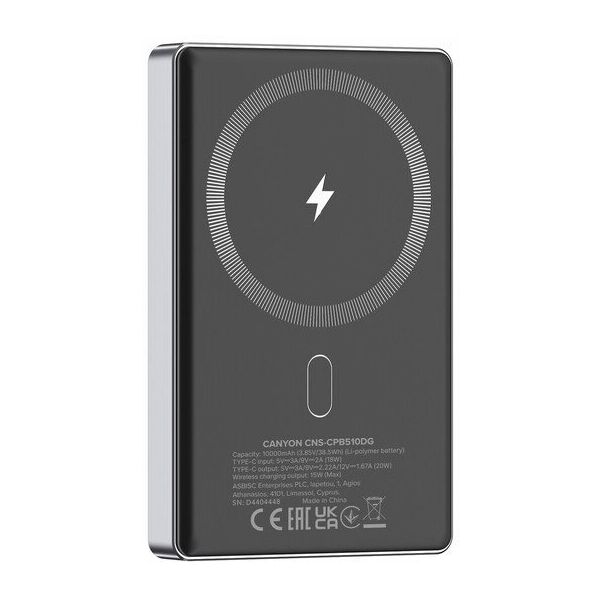 CANYON Powerbank OnPower 510 slim Magsafe 10000 mAh PD20W Γραφίτης