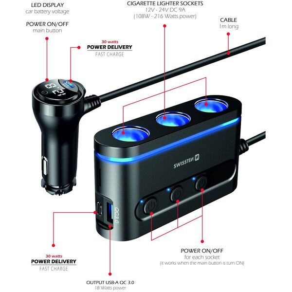 Φορτιστής αυτοκινήτου Swissten 2x USB-C PD / 1x USB-A QA 3.0 / 3x CL