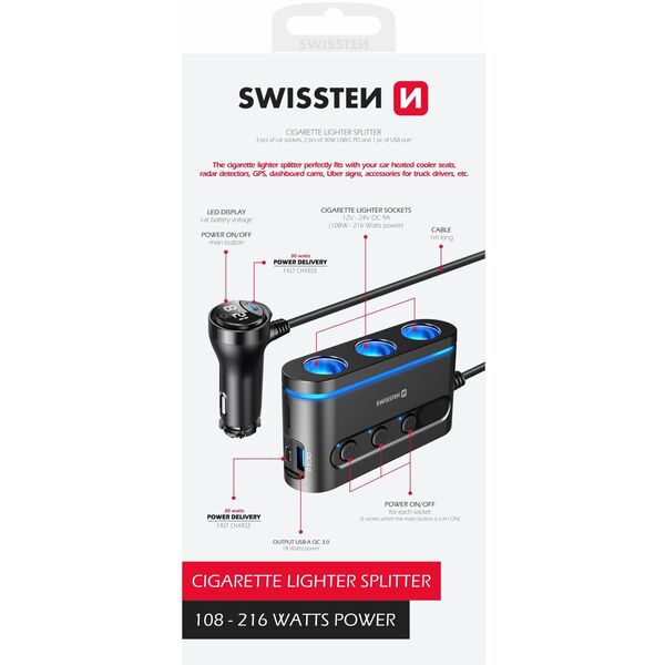 Φορτιστής αυτοκινήτου Swissten 2x USB-C PD / 1x USB-A QA 3.0 / 3x CL