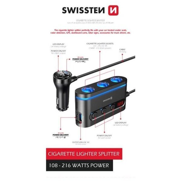 Φορτιστής αυτοκινήτου Swissten 2x USB-C PD / 1x USB-A QA 3.0 / 3x CL