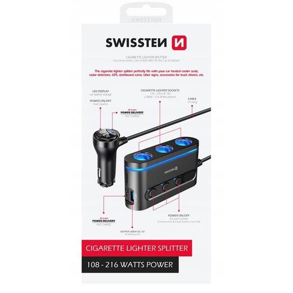Φορτιστής αυτοκινήτου Swissten 2x USB-C PD / 1x USB-A QA 3.0 / 3x CL