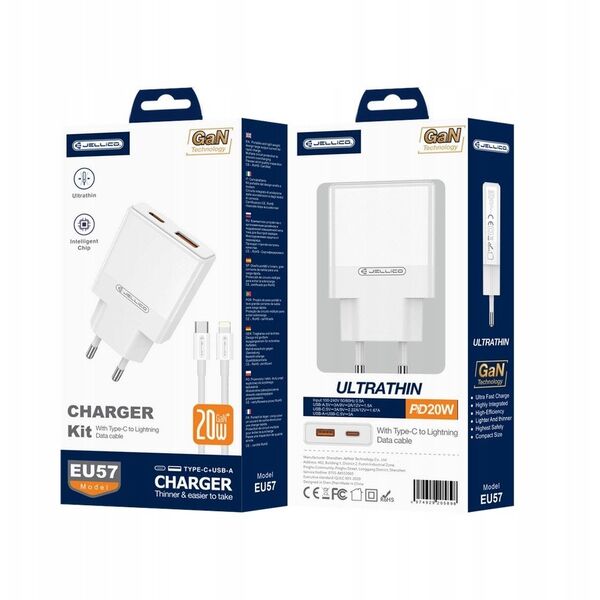 JELLICO φορτιστής τοίχου EU57 PD 20W 1xUSB-C + 1xUSB QC3.0 + καλώδιο USB-C - Lightning Λευκό