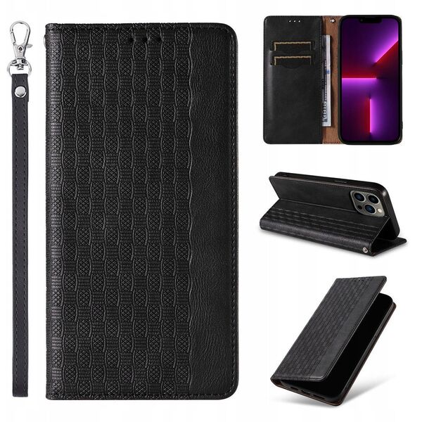 Θήκη Magnet Strap etui iPhone 14 Pro κάλυμμα με καπάκι πορτοφόλι mini λουράκι βάση μαύρο